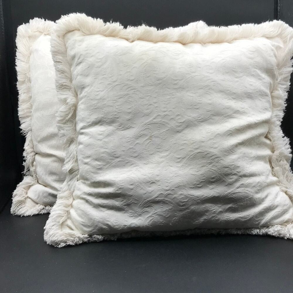 Set of 2 Embroidered Farmhouse Boho Sofa Linen Tasseled Fringe Pillows Off White